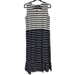Lands End New Size LP Navy and White Striped Tiered Midi Dress Nautical Preppy